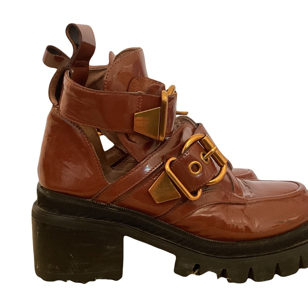 Jeffrey Campbell Brown Patent Leather Buckle Chunky Heel Boot